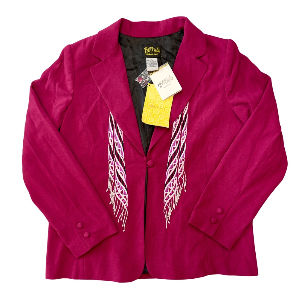 NWT Bob Mackie Wearable Art Embroidered Blazer Beaded Fringe Pink Magenta XL